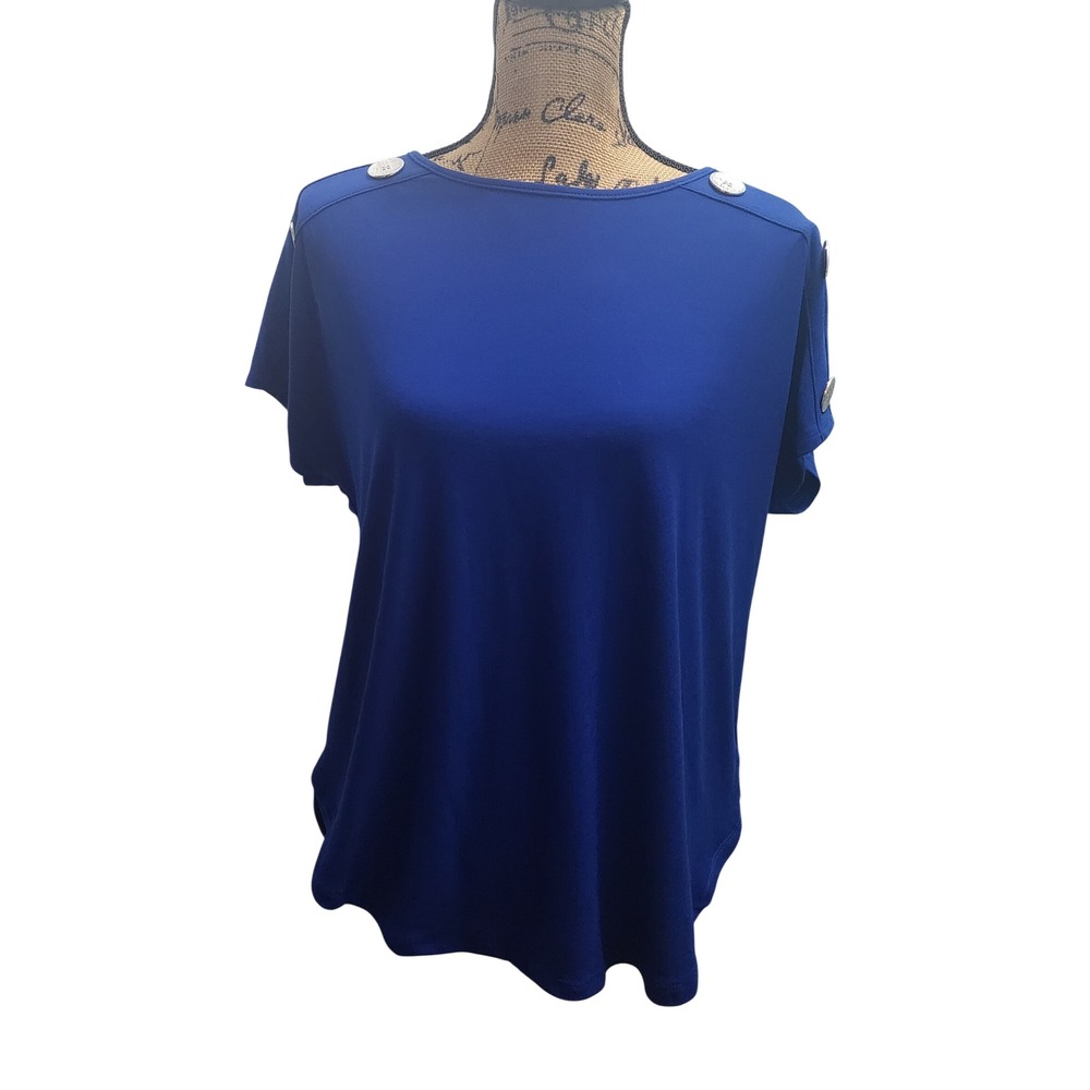 89th + Madison Royal Blue Short Sleeve Boat Neck Tunic Top with Button L